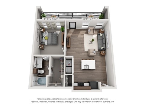 Floor plan for 1 bed, 1 bath, 712 sqft
